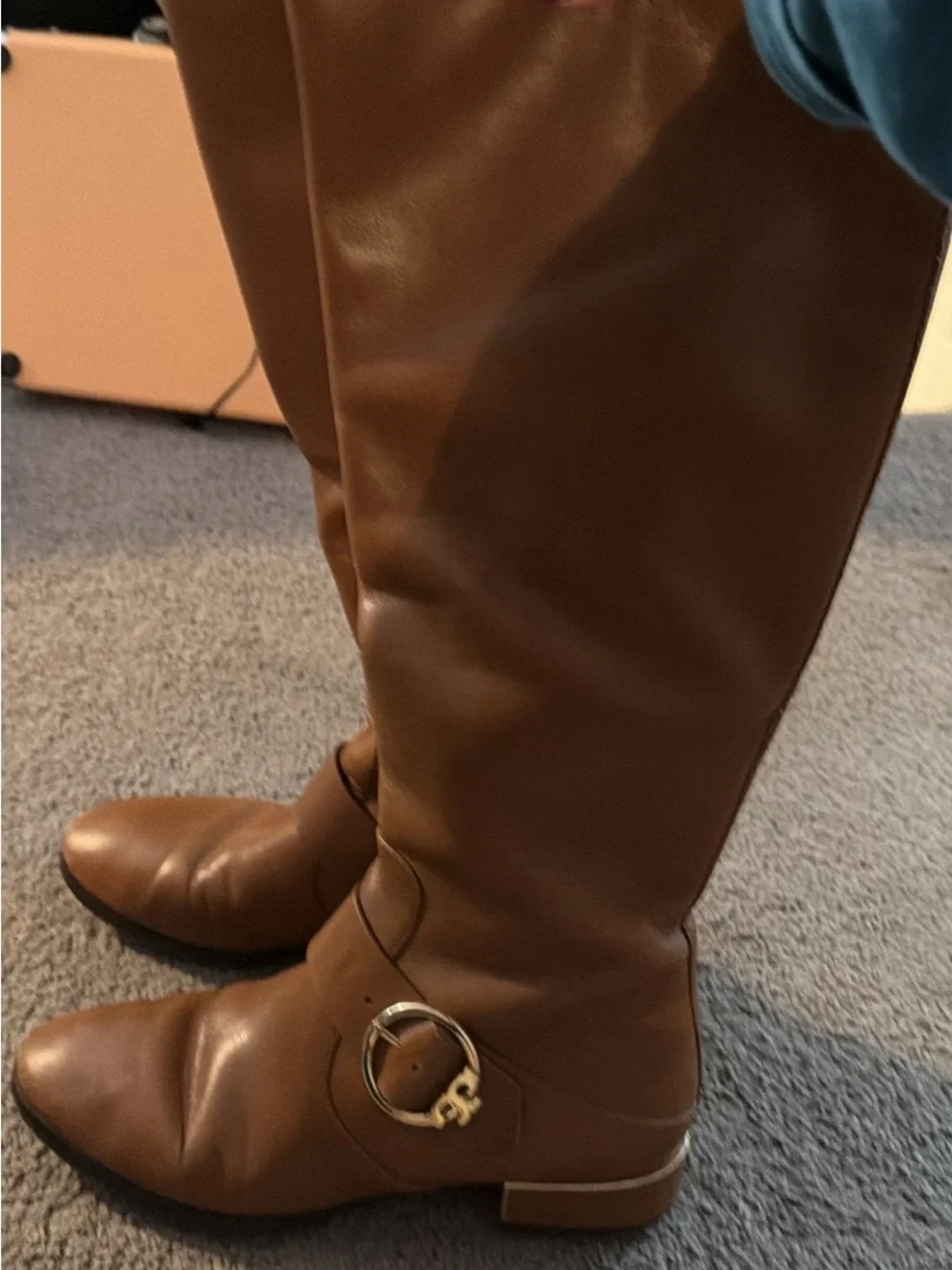 Tory Burch Brown Leather Knee-High Boots with Gold Buckle